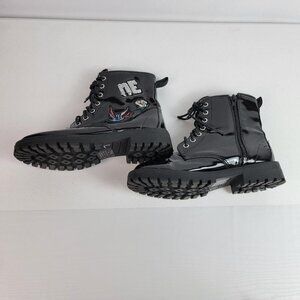 UNIONBAY Kids Ankle Boots Black Faux Patent Leather Lace Up Zip Size 2.5 M